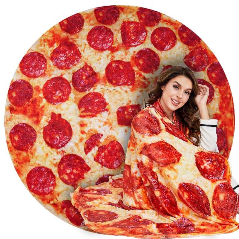 Lhedon Pizza Blanket Adult Size, Blankets Queen Size, 80 Inches Round Pepperoni Pizza Food Blanket, Funny Gift for Women Men, Flannel Blanket for Bed Office Travel - Image 1